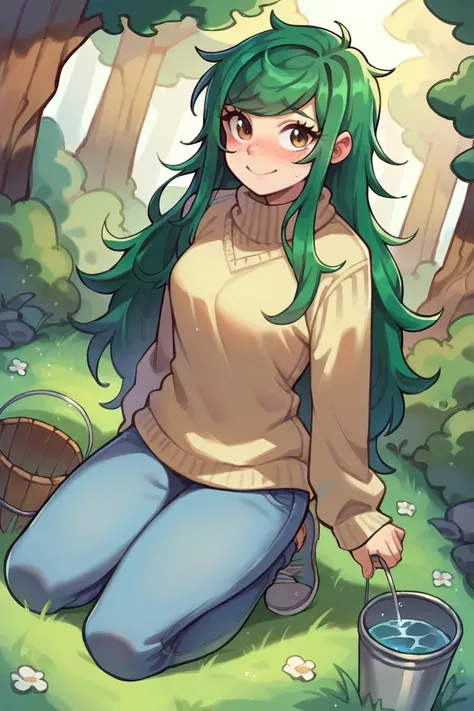 1 girl, solo, Wallflower Blush, smile, forest background, grey shoes, kneeling, light blue jeans, bicolor sweater, green hair, long hair, long sleeves, strip sweater, water bucket, metal bucket, dutch angle, closed legs