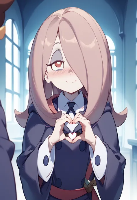  Masterpiece, Hi-Res, top quality,8k
(Sucy Manbavaran,Little Witch Academia)
(smile, I'm embarrassed)

(standing)
(heart hands)


