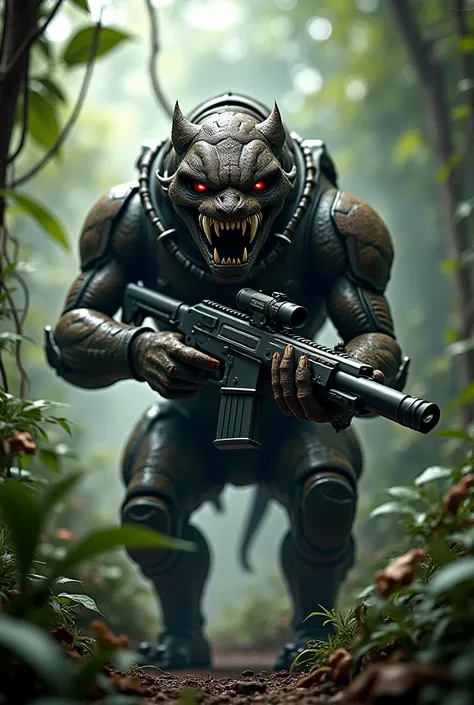 Chimera with a Minimi machine gun with a military anchor collar in the jungle