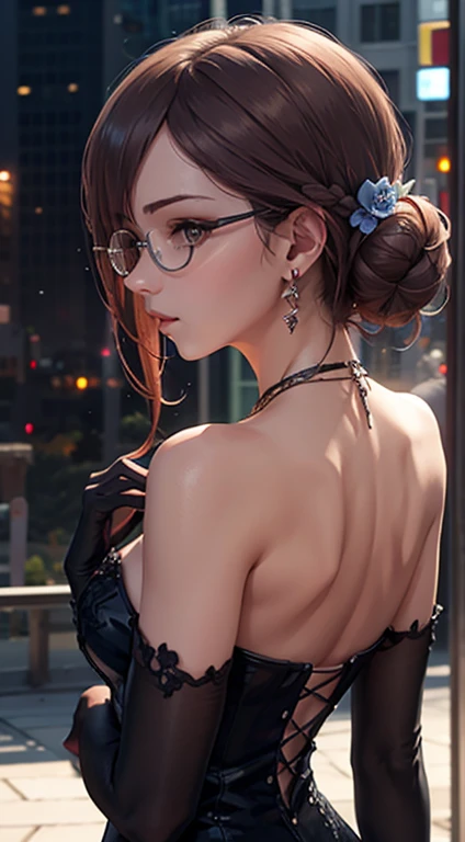  The beautiful reddish-brown haired woman allegedly has a sexy figure. 彼女は美しく精巧なガラ dressを着ています,   SEXY SMALL GLASSES ,   perfect anatomy,  dress, Alone,   blonde hair,  red eyes ,  hair ornament,   jewelry,  earrings, black  dress,  Hair Flower, flower, lo...