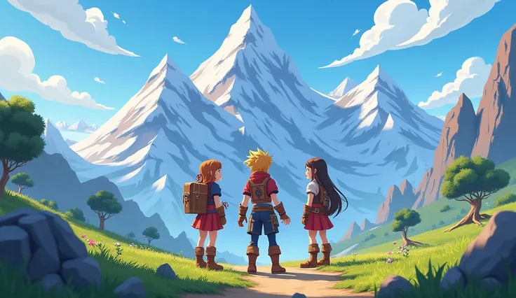 Three brave sisters—Lina (strong leader), Mira (clever strategist), and Sora (kind-hearted dreamer)—standing at the foot of towering mountains.in 3d cartoons 