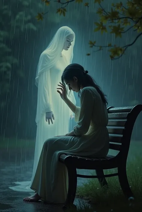 A woman with a sad face ,  sitting on a park bench in the rain .  behind her,  a luminous figure places her hand on her shoulder