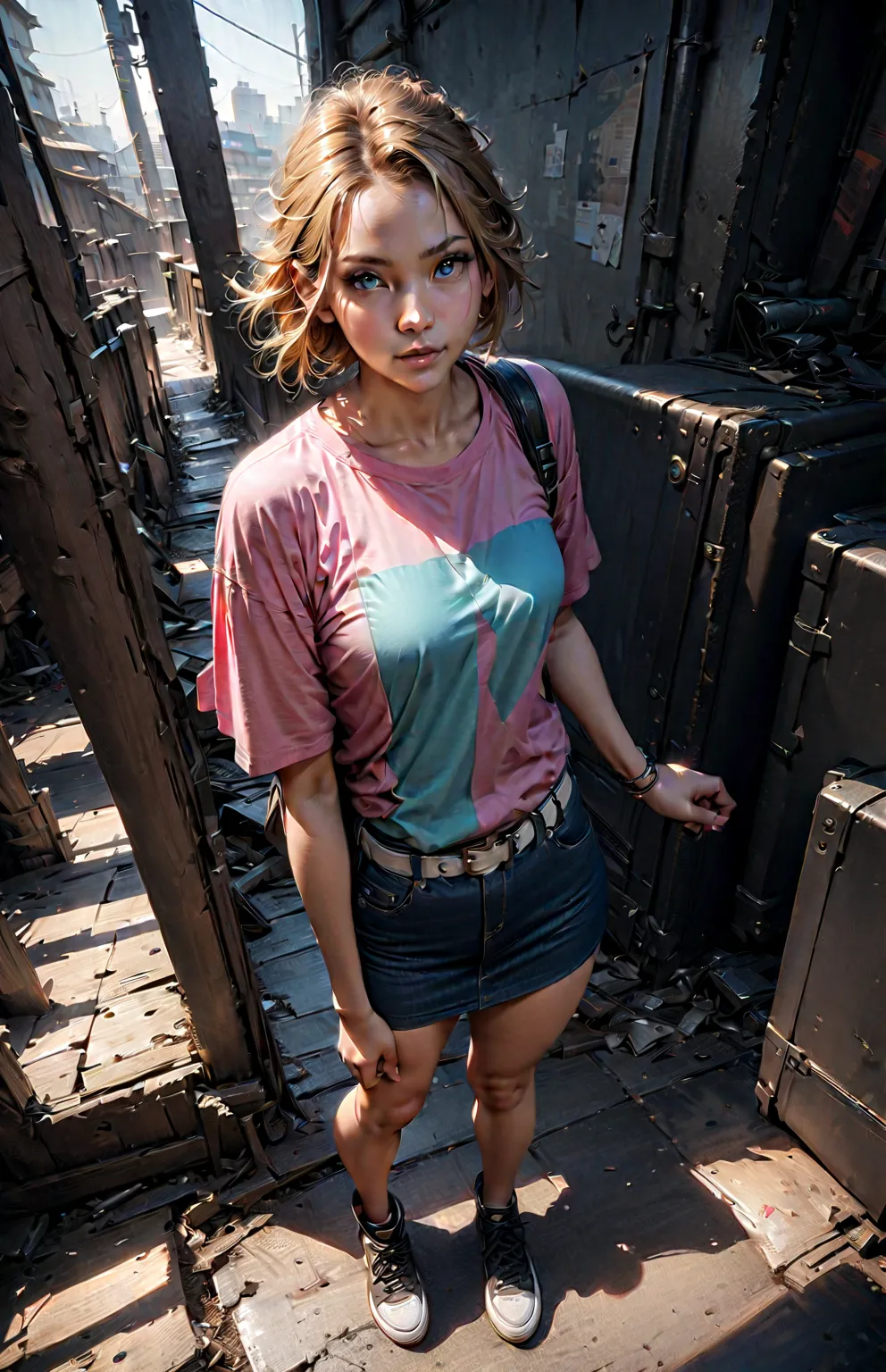 pretty young woman, standing posed, leaning against metal diamond mesh fence, with backpack and travel suitcase and DSLR camera, BREAK, (forehead, brown hair, blonde streaked hair, blonde hilighted hair, blonde ombre, 2 colored tone hair, straw hat), BREAK...