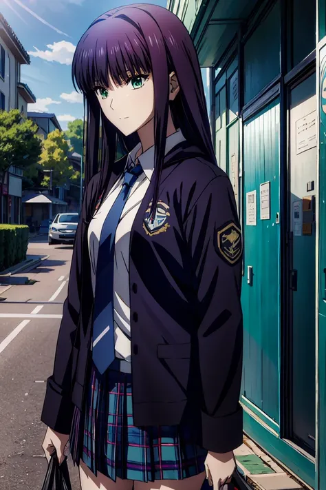 I'm wearing a hoodie over my school uniform, outdoor, downtown,Girl walking,Lunch,赤  purple hair,  green eyes,  eyes like jewels,((最  high quality)), ((  Masterpiece)), (  Details),  1 girl , is laughing,  blazer uniform,赤  purple hair,  green eyes ,  eyes...