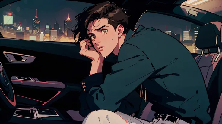  the best quality, 8K,  style of the 90s , Hairstyles from the 2010s, 25-year-old male , cabello negro,  light brown eyes,  Gotham . pantalones , Night view, posing,  Whole body, in a car , crying, horror, Lovecraft