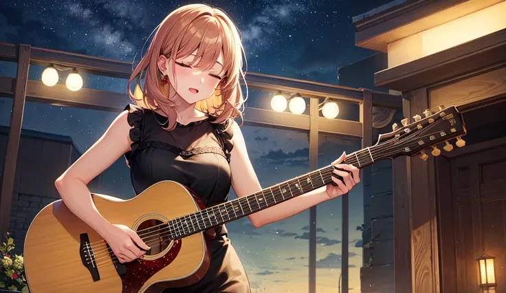  Woman singing while closing her eyes and playing the guitar、Hair color is gold 、Quiet night view、 vivid colors 、 detailed landscape 、 cinematic lights