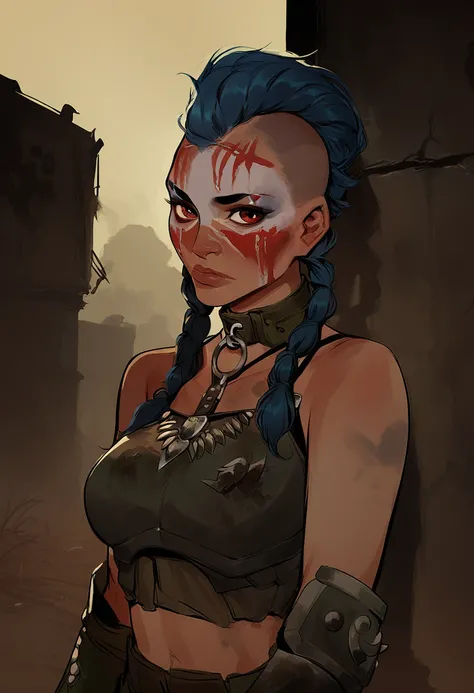 score_9,score_8_up,score_7_up,score_6_up,
junkerxl,blue hair,braids,mohawk,red eyes,piercing,face paint,makeup,
shirt,midriff,collar,armor,bare shoulders,single pauldron,
standing,upper body,
looking at viewer,
outdoors,wasteland,
