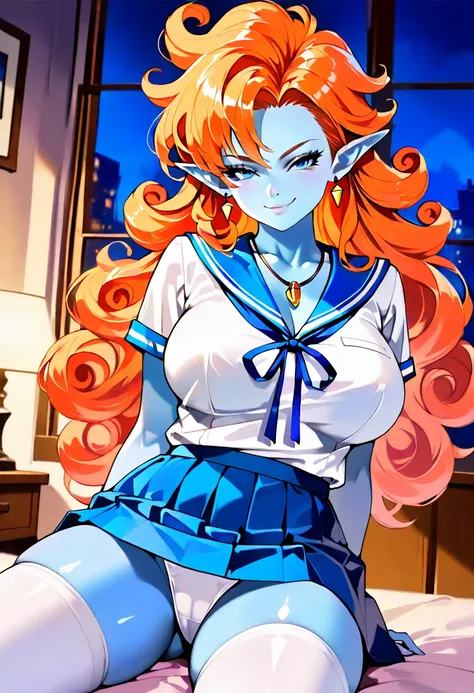 score_9,score_8_up,score_7_up,score_6_up, score_5_up, realistic, detailed background, atmospheric lighting, big large breasts, (curvy), cute, eyelashes, BREAK, zZangya, blue eyes, blue skin, pointy ears, orange hair, curly hair, long hair, big hair, jewelr...