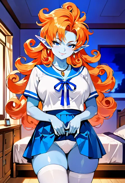 score_9,score_8_up,score_7_up,score_6_up, score_5_up, realistic, detailed background, atmospheric lighting, big large breasts, (curvy), cute, eyelashes, BREAK, zZangya, blue eyes, blue skin, pointy ears, orange hair, curly hair, long hair, big hair, jewelr...