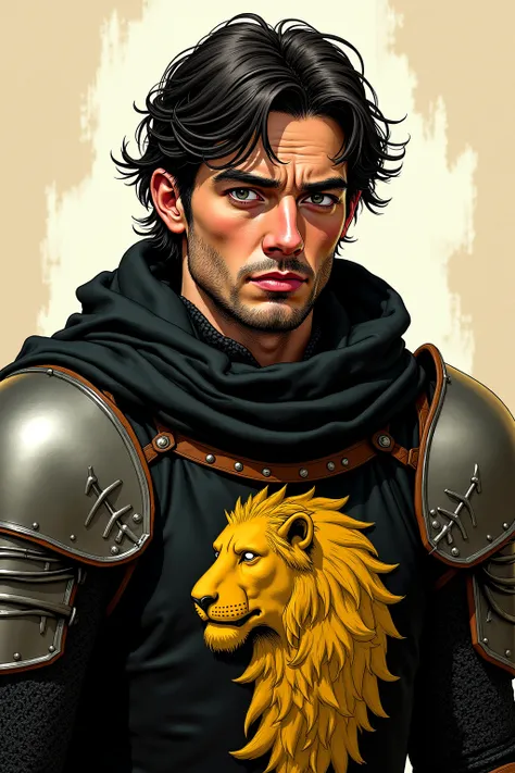 A realistic medieval fantasy portrait of a knight of 45 years. He has dark hair. He has been wounded and looks tired.  
He wears a quilted doublet of black and yellow wool and some armor. On his black surcoat three yellow lionheads. 
The colors are natural...