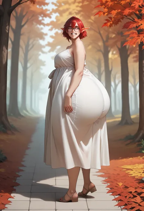 1 girl, nerdy elf woman, big teeth, glasses, (blank expression creepy:1.3) (turning head to look at you:1.1), elaborate white sun dress (), light beams, (tall torso), (), , ((rivendell during autumn background)), extreme details, short red hair, (boyish fa...