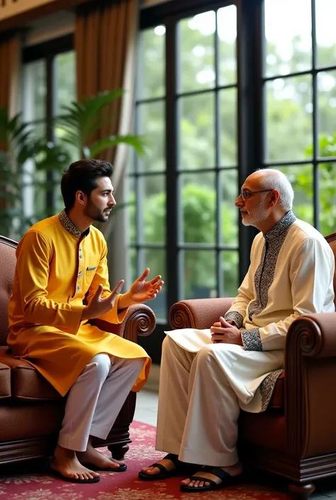 Hyper Real Stick.  The image shows two men in a sophisticated, elegant setting, engaged in a serious conversation. The younger man is wearing a mustard yellow kurta with white trousers, sitting with expressive hand gestures, indicating he is explaining som...