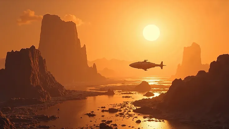  A planet so vast that its surface seems to curve at the eye . Very futuristic exploration spaceships float above oceans of liquid metal,  while structures of black rock that are kilometers high rise among the clouds.  Golden dust storms cover the horizon ...