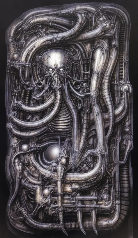 Please reproduce the original image as accurately as possible, capturing the intricate details of the biomechanical structures, the dramatic lighting, and the overall sense of unease. Find and enhance depiction of Giger's demons and creatures.(best quality...