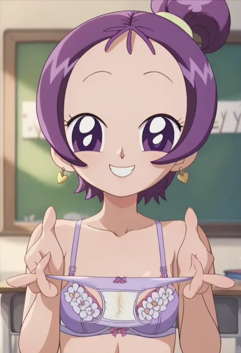      shot with the highest image quality 、   anatomically accurate  、  Classroom Panty Recital Photo Session    、  purple hair with a ponytail on the left    、   purple eyes  、Height 140cm、  small tits、  (evil smile:1.3) 、Show off your light purple panties...