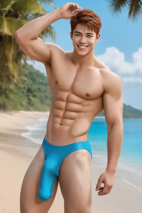 One boy, Solo, Short hair, Redhead, Messy hair, Toned body, 6 pack abs, Smiling face,  ((Men's sexy swimsuit)),((Shapely torso)), ((Realistic body shape)), ((Regular human anatomy)), ((Realistic muscle definition)), Avoid excessive abs, Avoid excessively l...