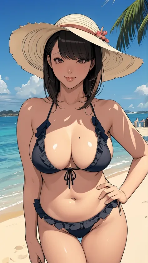 {{anime, covered chest, low angle, whole body, dutch angle, source_anime, outdoors, beach, sea, colorful, vibrant, blurry background, looking at viewer, solo, crowd, }} mature female, asian, Japanese, fair skin, plump, large breasts, mole under right eye, ...