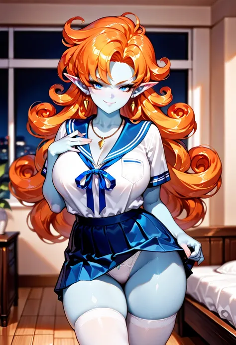 highly detailed, realistic, fine fabric detail, absurdres, highly-detailed, best quality, masterpiece, very aesthetic, big large breasts, (curvy), cute, eyelashes, BREAK, zZangya, blue eyes, blue skin, pointy ears, orange hair, curly hair, long hair, big h...