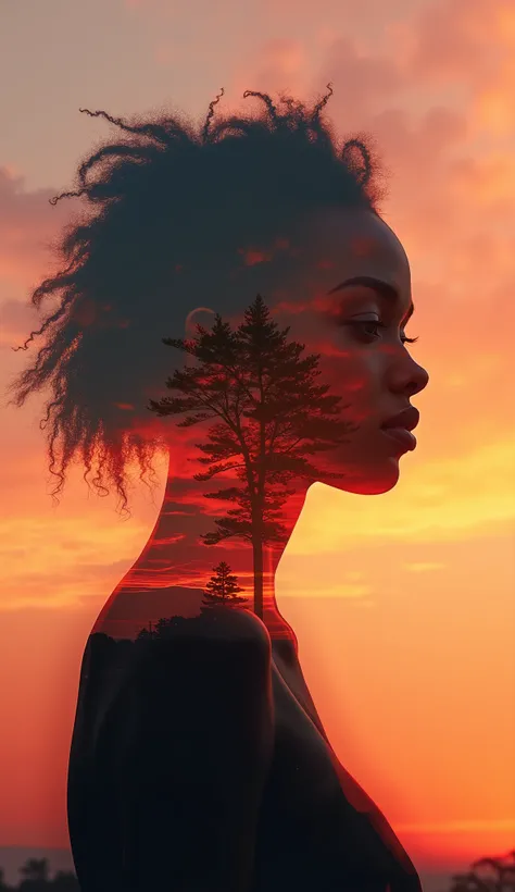 high quality, 8K Ultra HD, A beautiful double exposure that combines a black woman silhouette with the sunset landscape, the sunset landscape should serve as the underlying backdrop, with its details incorporated into the goddess, sharp lines, The backgrou...