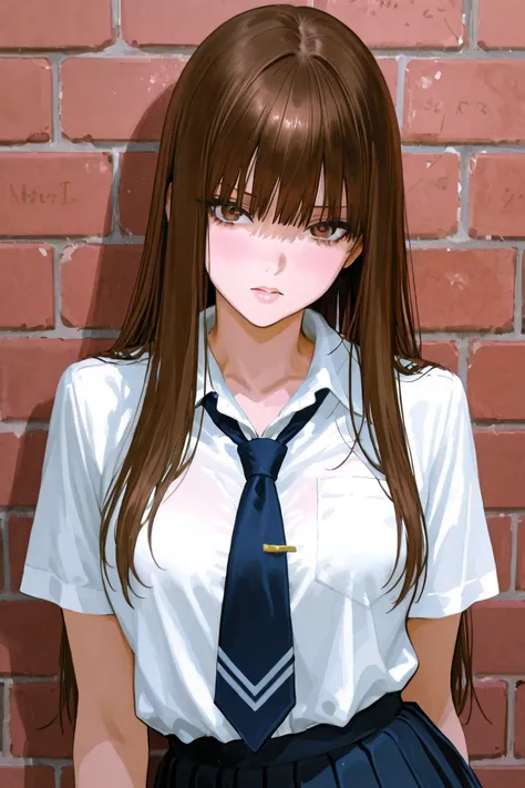 Brunette girl with straight hair in a provocative school uniform that reveals the voluptuousness of her body. It is leaning against a brick wall in the schoolyard. has a trusting and haughty attitude, Are you sure that you are being watched with desire by ...