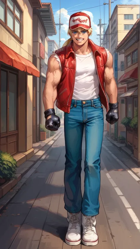 score_9, score_8_up, score_7_up, source_anime, 1boy, solo, Terry Bogard, blonde hair, ponytail, blue eyes, side grin, muscular, red white cap, red jacket, white t-shirt, jeans, white boots, black gloves, standing, Japan street background, by day, from fron...