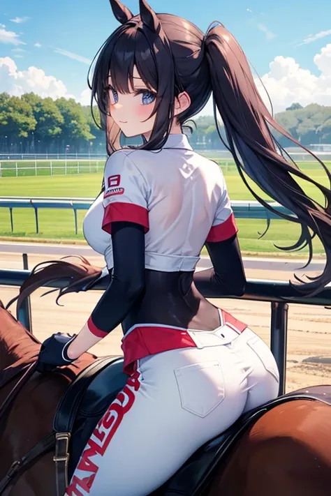 cute female jockey 、Horse Racing、Horse Racing場、 white tight pants、Competition clothes、riding a horse、Butt