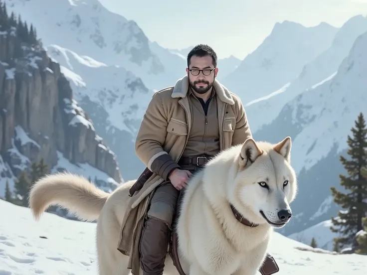 A professional photography of george bernard riding on the back of a white wolf through the snowy mountains, fur coat, tiberian clothes, hunter outfit, he look handsome and manly with muscular body,