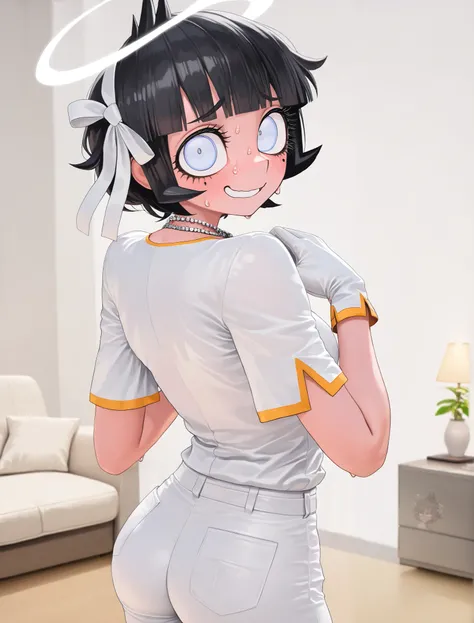 ((azazel)), ((helltaker)), ((masterpiece)), ((high resolution)), ((solo portrait)), ((back view)), {(attractive figure), (beautiful legs), (short black hair), (angel halo), (wide eyes), (cute light blue eyes), (long eyelashes), (nervous smile)}, {(white sh...