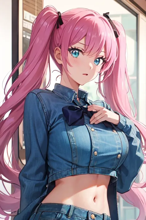  Akari Watanabe,  long hair, Alone ,  pink hair, blue eyes,  looking at the spectator,  big breasts,  1 girl , crop top,  denim jacket  ,  twin tails,  double bow