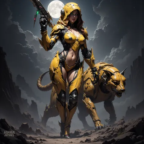 - Main Character, Adult Female "Nicaragua", Beautiful, Tall, Long Legs, Hands full of visible colored tattoos. soaking wet condition.

- Wearing a costume ("Full Sexy Armor").
Chest and Thigh Armor are half open.
Futuristic Costume Design with "Ancient Bea...