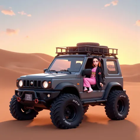  finished in 3DCG style 。 SUZUKI Jimny Sierra parked in a sand dune desert with a beautiful sunrise、The car body is medium gray 、 and the suspension is raised and lifted、 4 large straight exhaust pipes on the 「The JTX 」 is written in bold letters、 her body...