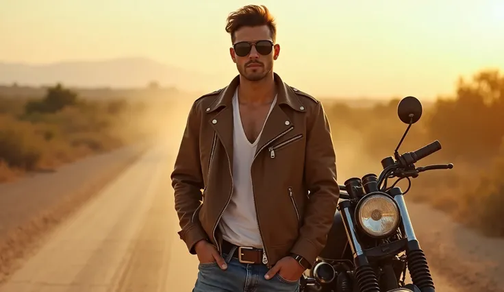  extremely handsome and charming man next to his motorcycle parking,  dusty road , 35 mm film ,  professional photograph , Dust and Sun , charming and charismatic Brazilian man with dark glasses ,  wearing brown leather jacket and jeans , magazine cover. b...