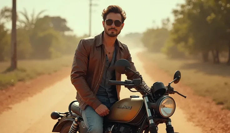 extremely charming man next to his motorcycle parking,  dusty road , 35 mm film ,  professional photograph , Dust and Sun ,  charming and charismatic Brazilian man with dark glasses,  wearing brown leather jacket and jeans , magazine cover