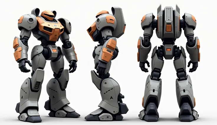 A giant battle robot,  Robust design , broad shoulders, strong legs, ( show it from head to toe, at 3 angles :  from the front, From behind and in absolute profile, pose simple)  Realistic character design , 2d animation,  transformer, (halo) Spartan , jae...