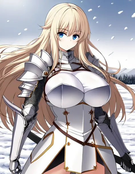  1 girl ,  long hair, female knight, Big Breasts , have a weapon,Snowfield,cowboy shot,cool.Chest