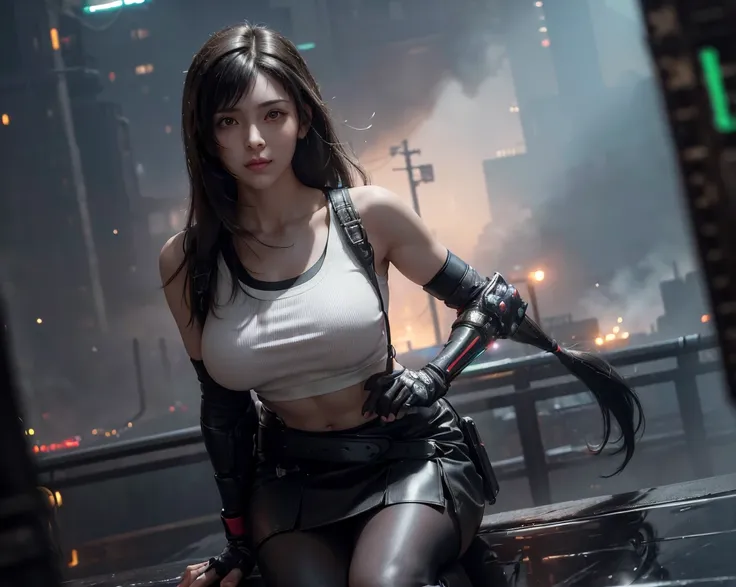 (masterpiece, highest quality:1.4), (ultra-detailed, hyper-realistic:1.4), (Future cyberpunk city at night), (Front shot), (One girl:1.2), (alone), (young woman, fit and athletic body, toned abs), Deftifa, (long black hair, smooth and silky hair, natural s...