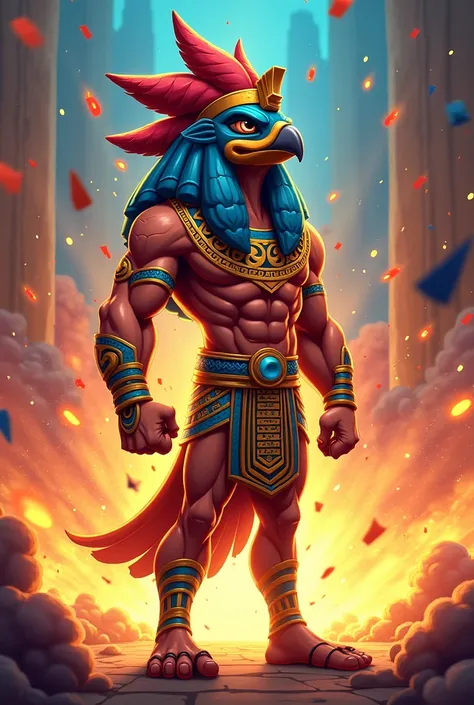 Create the God Horus in a cartoon with colorful explosions and fireworks in the background 