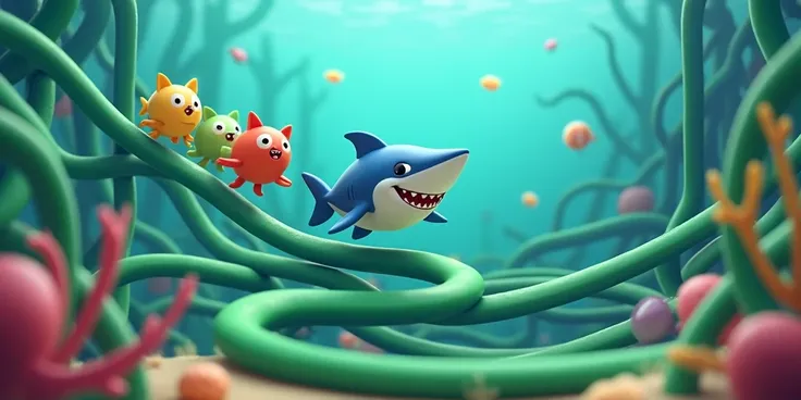 Obstacle 2: A maze of seaweed confuses them, but Baby Shark leads the way..3D cartoon type only

 
