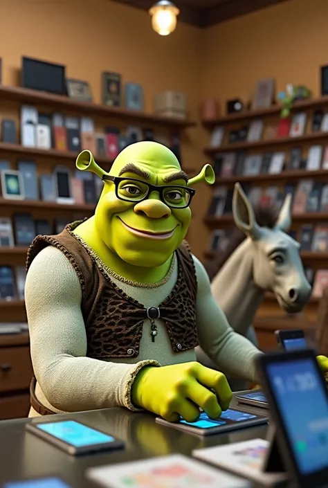 Shrek with glasses working in a mobile store in Extremadura 