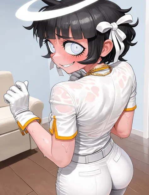 ((azazel)), ((helltaker)), ((masterpiece)), ((high resolution)), ((solo portrait)), ((back view)), {(attractive figure), (beautiful legs), (short black hair), (angel halo), (wide eyes), (cute light blue eyes), (long eyelashes), (sweat on face), (nervous sm...