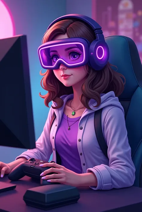 fille d'anime gamer ,tanned, Medium-length wavy brown hair, devant un écran ou elle joue a fortnite,sur son jolie bureau  , avec une manette xbox dans ses mains et un casque gamer violet lumineux ,dressed in purple and white 