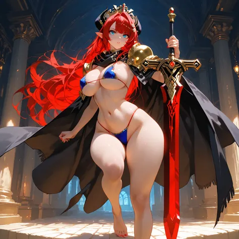 ExpressiveH, sinozickexpressaiu, A woman, blue eyes, wearing a black scarf, red glowing hair, pointy ears , very long hair, side bangs. Wearing black cloak, big cloak,  string bikini armor, barefoot, red nails , tight armor, holding a greatsword, swinging ...