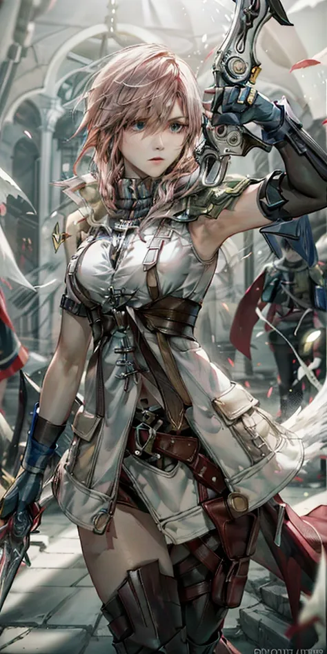 (最高 Masterpiece,  top quality, 4K, 8k,  Hi-Res, Masterpiece:1.2), Final Fantasy Lightning,( paladin),Miracle,Power Spot, White Light Spot,(Insist on the Holy Sword), She's on an adventure to defeat the demon king, is a master of sword skills,(Cool Lightnin...