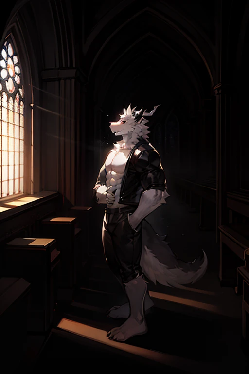 A full body black and white drawing of an anthropomorphic wolf,Uses a furry art style,A very muscular body, and the right hand is covered with black fog， The right side has a dragon horn 。Standing under a church window，Be illuminated by the light