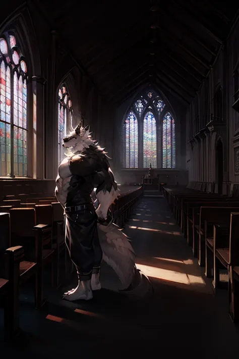 A full body black and white drawing of an anthropomorphic wolf,Uses a furry art style,A very muscular body, and the right hand is covered with black fog， The right side has a dragon horn 。Standing under a church window，Be illuminated by the light