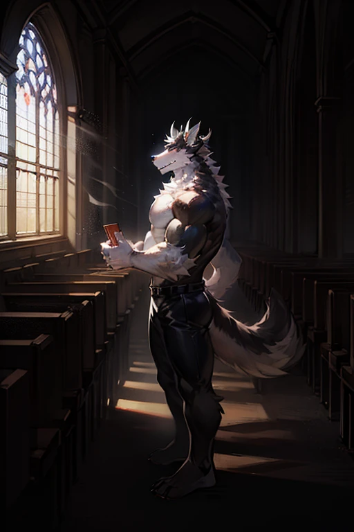 A full body black and white drawing of an anthropomorphic wolf,Uses a furry art style,A very muscular body, and the right hand is covered with black fog， The right side has a dragon horn 。Standing under a church window，Be illuminated by the light