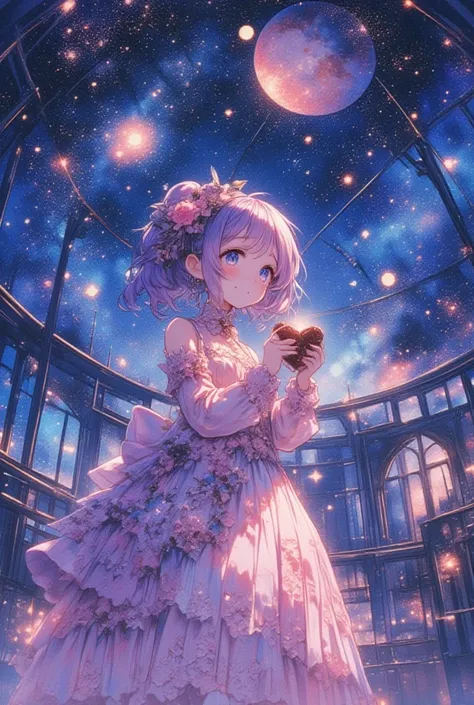 watercolor, from below, cute, chibi, smile, In the brilliance of the planetarium, where the night sky is projected, the soft starlight reflects off the beautiful dress of a Gothic Lolita girl, making it sparkle. Her dress, adorned with pink and white lace,...