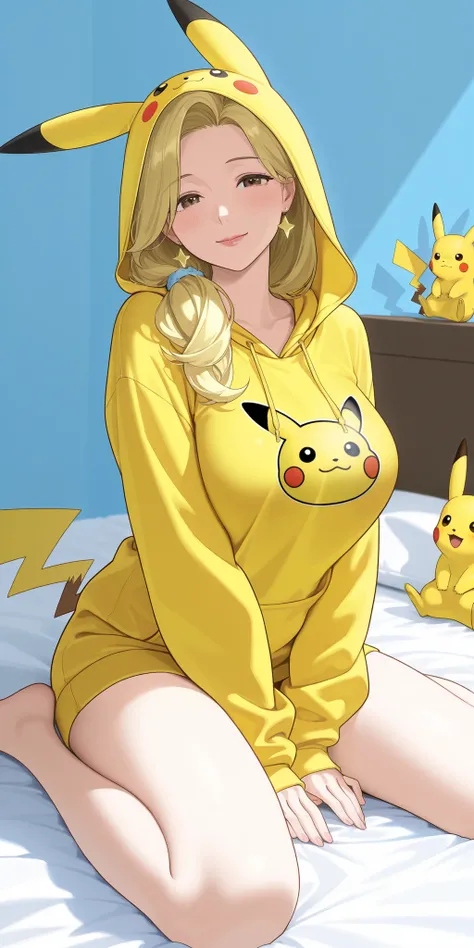mature female, housewife, blonde hair, pikachucosplay, pikachu \(pikachu\), character print, hood, hoodie, yellow hoodie, milf, soft light, high detailed, best quality, on bed, wariza, w sitting, blue light and background Stars in attractive light blue 