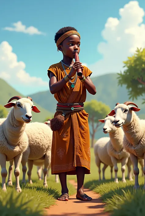 A young, handsome fair skinned African shepherd boy dressed in hand woven African attire tending and playing flute to his sheep in an African setting 