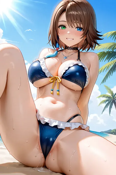 NSFW, Masterpiece, top quality, Hi-Res, very detailed,Yuna\(Final Fantasy X\), blue eyes、 brown hair at the gym、 green eyes、 hair ornament、 rainbow heterochromia、 short hair、 halter neck bikini, high leg bikini, Frilled Bikinis ,Underboob, multiple straps,...